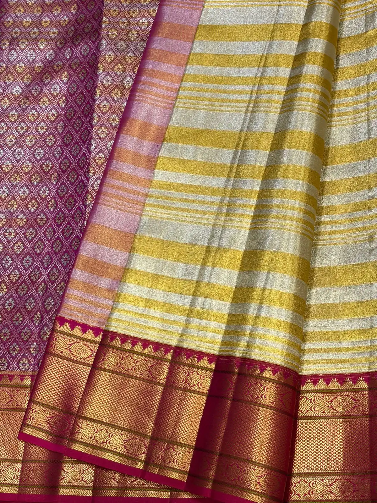 Gold and Silver Stripes with Rani Pink Border Kanchipuram Bridal Silk Saree